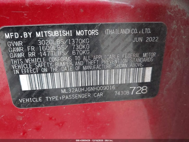 ML32AUHJ6NH009016 Mitsubishi Mirage Es/le