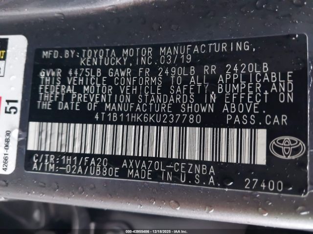 2019 TOYOTA CAMRY 4T1B11HK6KU237780 Photo 8