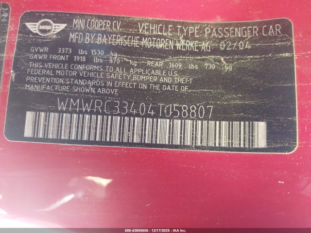 2004 MINI COOPER WMWRC33404TJ58807 Photo 8