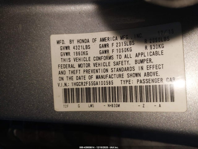 1HGCR2F55GA100585 Honda Accord Sport