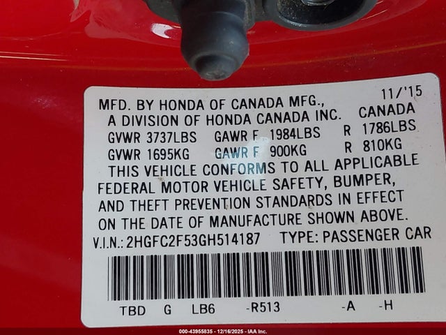 Honda Civic Lx 2016 2HGFC2F53GH514187 Image 9