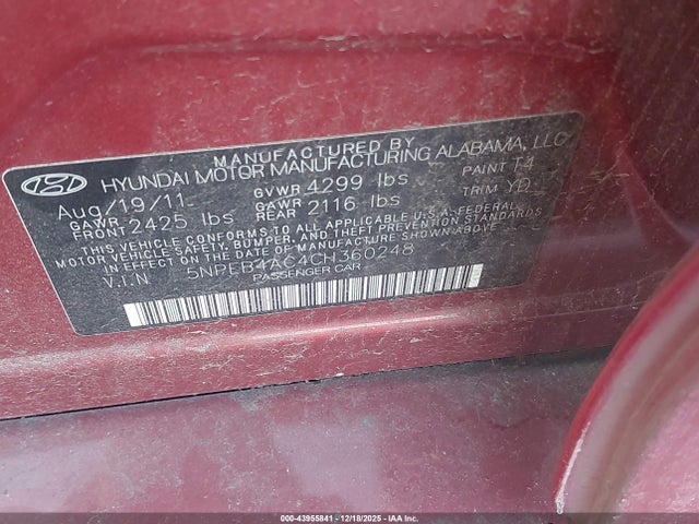 Продаж на аукціоні авто 2012 Hyundai Sonata Gls, vin: 5NPEB4AC4CH360248, номер лоту: 43955841