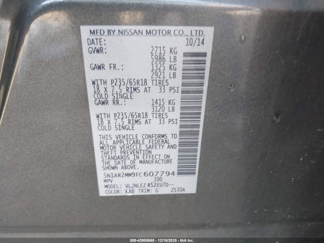 Nissan Pathfinder Sv 2015 5N1AR2MM9FC607794 Image 9