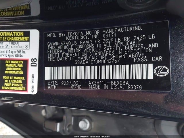 2021 LEXUS ES 300H 58ADA1C10MU012757 Photo 8
