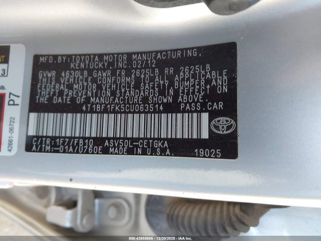 43955986 :رقم المزاد ، 4T1BF1FK5CU063514 vin ، 2012 Toyota Camry Xle مزاد بيع