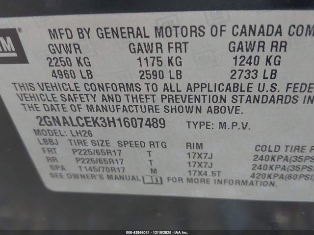 2GNALCEK3H1607489 Chevrolet EQUINOX LT