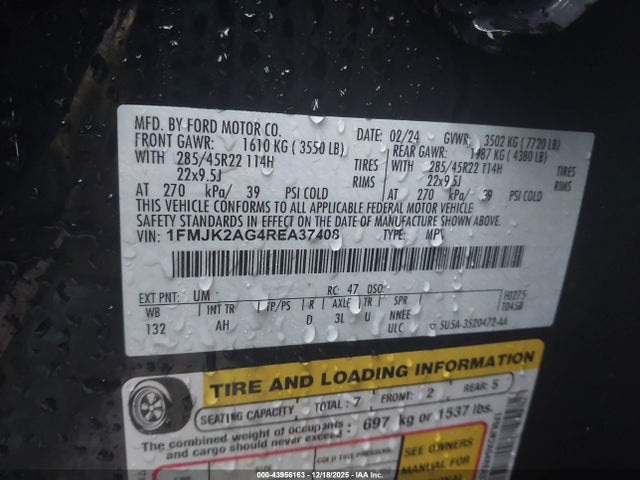 43956163 :رقم المزاد ، 1FMJK2AG4REA37408 vin ، 2024 Ford Expedition Limited Max مزاد بيع