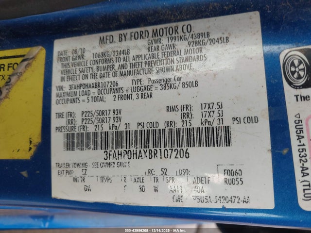 43956208 :رقم المزاد ، 3FAHP0HAXBR107206 vin ، 2011 Ford Fusion Se مزاد بيع