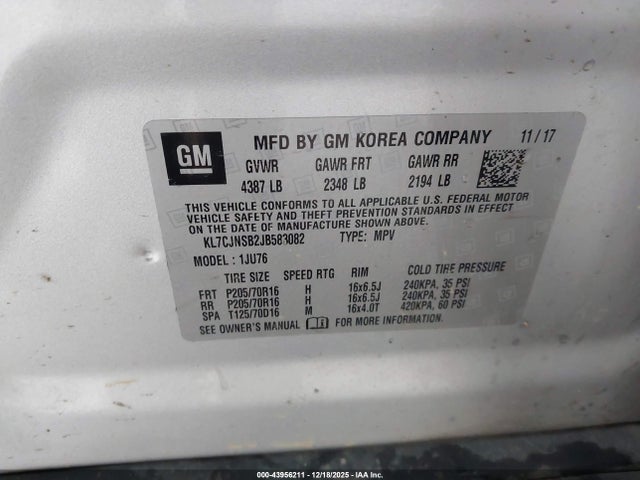 KL7CJNSB2JB583082 Chevrolet TRAX LS