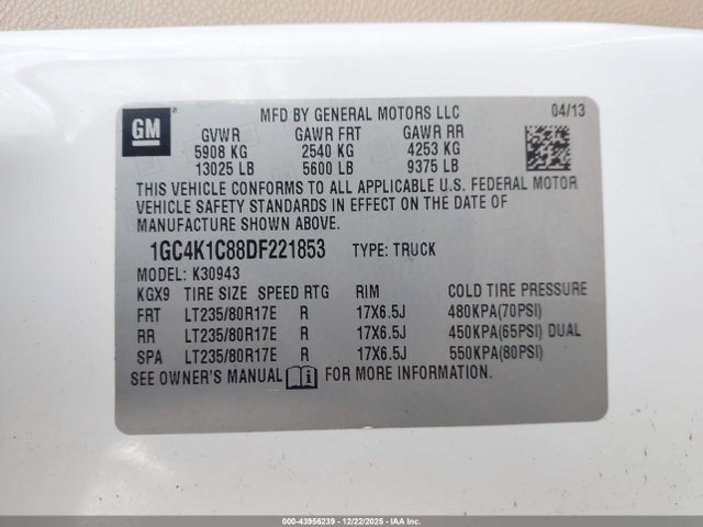 Aukcja sprzedaży 2013 Chevrolet Silverado 3500hd Ltz, vin: 1GC4K1C88DF221853, numer aukcji: 43956239