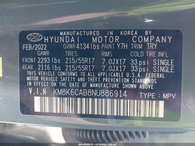 Продаж на аукціоні авто 2022 Hyundai Kona Sel, vin: KM8K6CAB8NU886914, номер лоту: 43956272