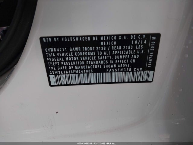 Aukcja sprzedaży 2015 Volkswagen Jetta 2.0l S, vin: 3VW2K7AJ6FM241065, numer aukcji: 43956281