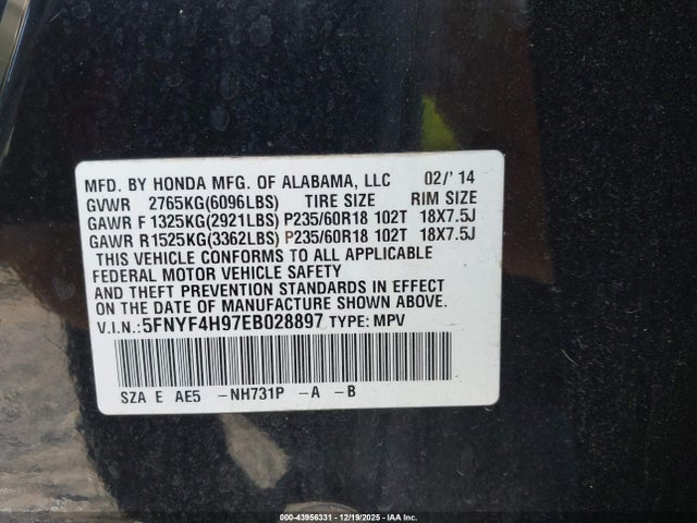 2014 Honda Pilot Touring მანქანა იყიდება აუქციონზე, vin: 5FNYF4H97EB028897, აუქციონის ნომერი: 43956331