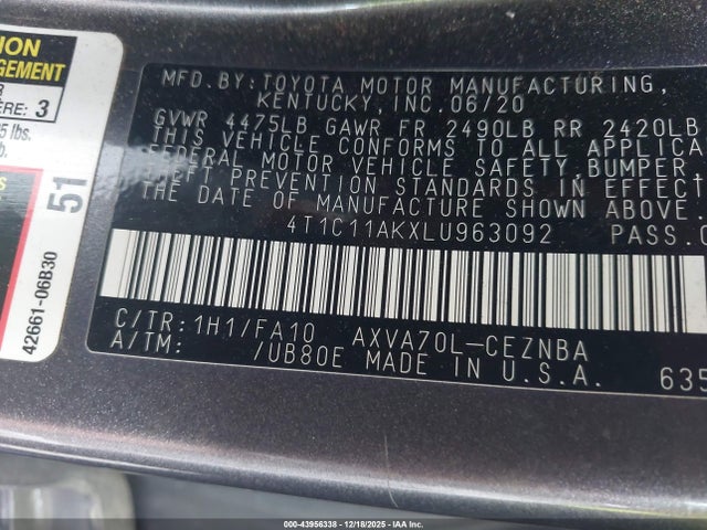 4T1C11AKXLU963092 Toyota CAMRY LE
