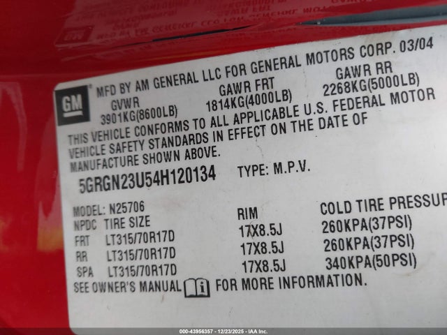 2004 HUMMER H2 5GRGN23U54H120134 Photo 8