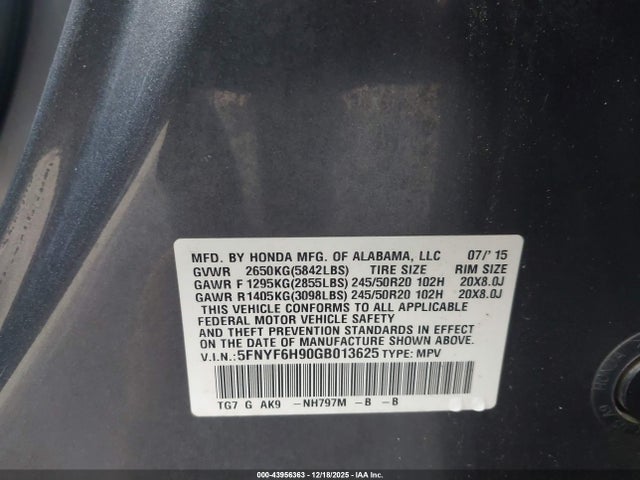 5FNYF6H90GB013625 Honda Pilot Touring