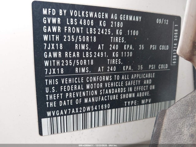 Продаж на аукціоні авто 2013 Volkswagen Tiguan S/se/sel, vin: WVGAV7AX2DW541690, номер лоту: 43956411