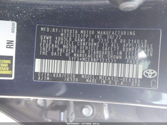 Продажа на аукционе авто 2022 Toyota Corolla Se, vin: 5YFS4MCE8NP121531, номер лота: 43956541