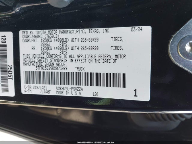 Продаж на аукціоні авто 2024 Toyota Tundra Hybrid Platinum 4wd, vin: 5TFNC5DB9RX073099, номер лоту: 43956569