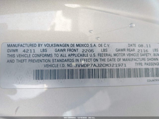 2012 Volkswagen Jetta 2.5l Se მანქანა იყიდება აუქციონზე, vin: 3VWDP7AJ2CM321971, აუქციონის ნომერი: 43956582