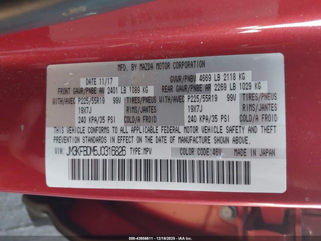 43956611 :رقم المزاد ، JM3KFBDM5J0316826 vin ، 2018 Mazda Cx-5 Grand Touring مزاد بيع