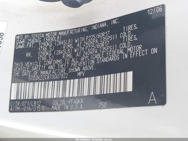 2007 TOYOTA SIENNA 5TDZK22C87S007922 Photo 8
