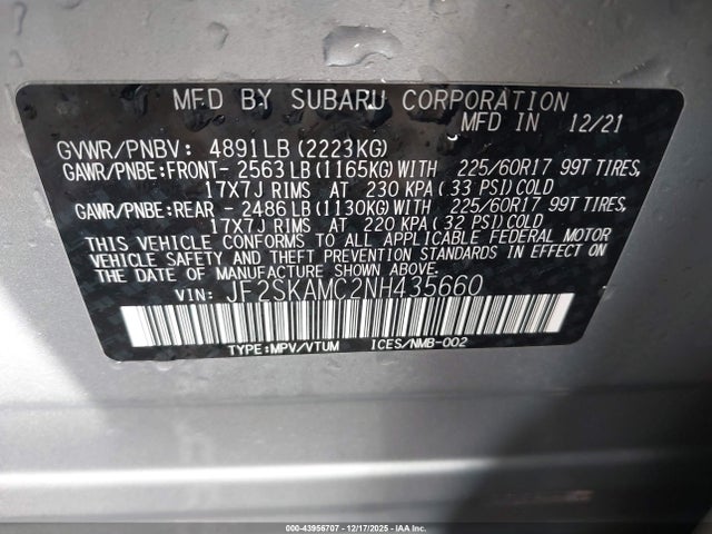 2022 Subaru Forester Wilderness მანქანა იყიდება აუქციონზე, vin: JF2SKAMC2NH435660, აუქციონის ნომერი: 43956707