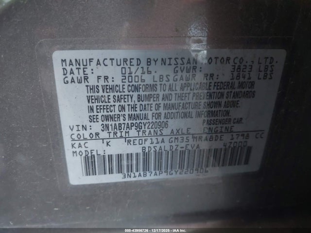 3N1AB7AP9GY220906 Nissan SENTRA SV