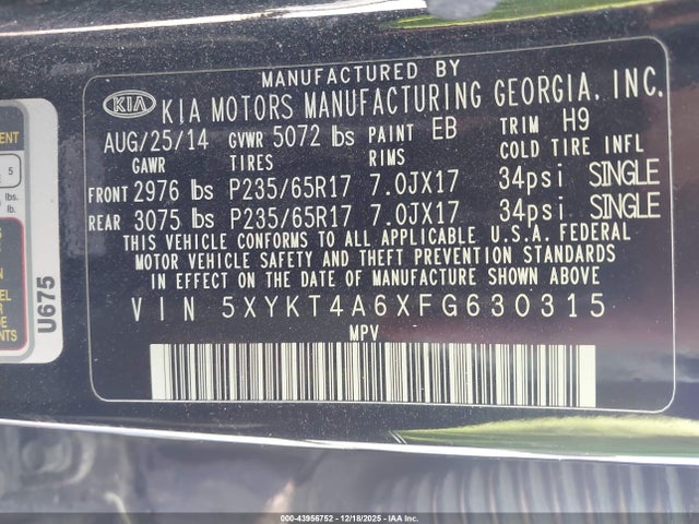 Продаж на аукціоні авто 2015 Kia Sorento Lx, vin: 5XYKT4A6XFG630315, номер лоту: 43956752
