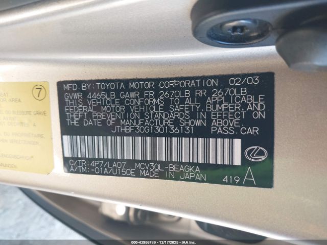 2003 LEXUS ES 300 JTHBF30G130136131 Photo 8