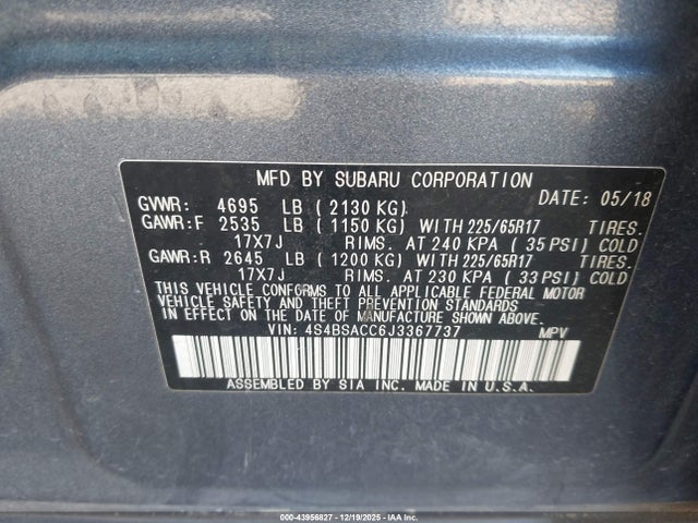 4S4BSACC6J3367737 Subaru Outback 2.5i Premium