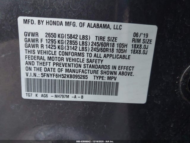 Honda Pilot Ex-l 2019 5FNYF6H52KB095265 Image 9