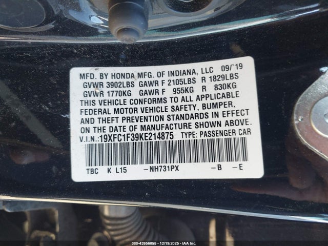 Honda CIVIC EX 2019 19XFC1F39KE214875 Image 9