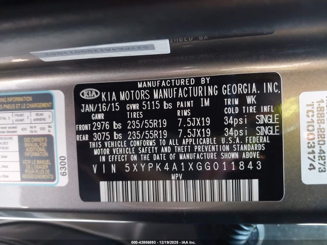 5XYPK4A1XGG011843 KIA Sorento 2.0t Sxl