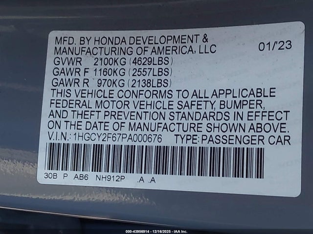 1HGCY2F67PA000676 Honda Accord Hybrid Ex-l