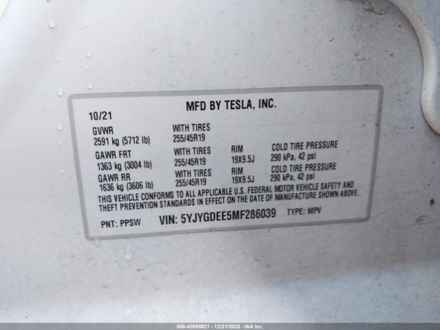 2021 TESLA MODEL Y 5YJYGDEE5MF286039 Photo 8