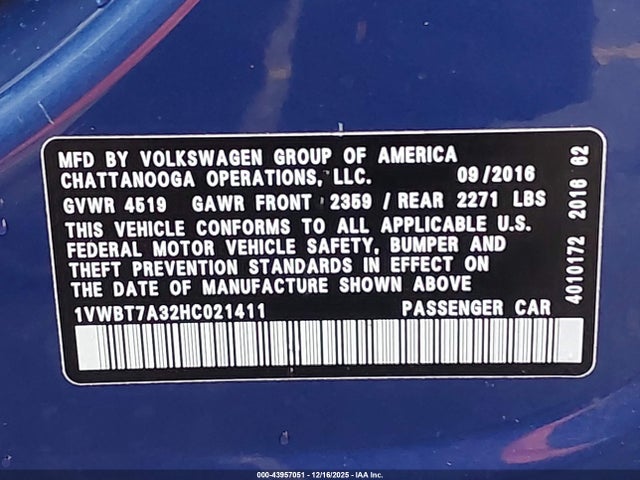 1VWBT7A32HC021411 Volkswagen Passat 1.8t Se