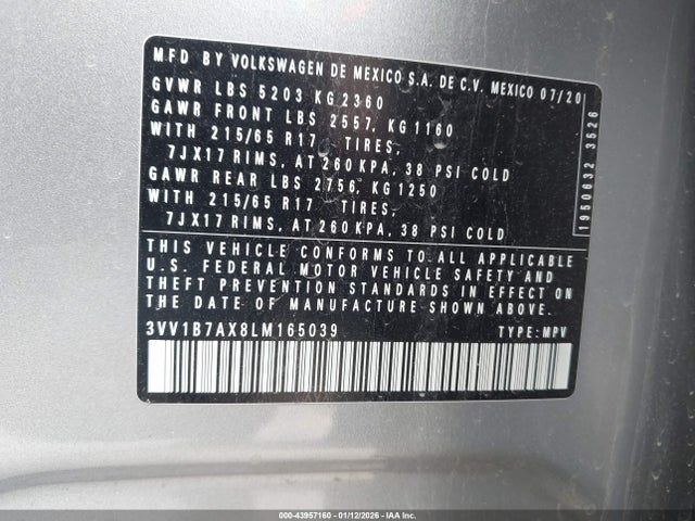 43957160 :رقم المزاد ، 3VV1B7AX8LM165039 vin ، 2020 Volkswagen Tiguan 2.0t S مزاد بيع