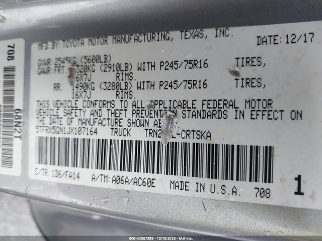 5TFRX5GN1JX107164 Toyota Tacoma Sr5