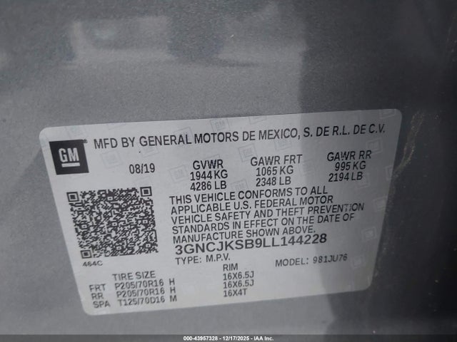 3GNCJKSB9LL144228 Chevrolet Trax Fwd Ls