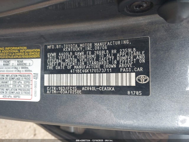 Продажа на аукционе авто 2007 Toyota Camry Se, vin: 4T1BE46K17U573711, номер лота: 43957334