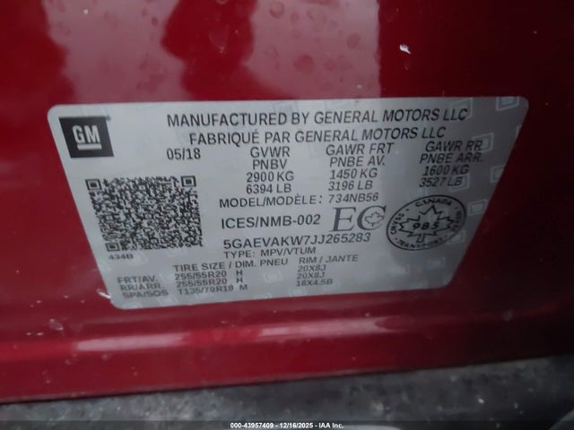 43957409 :رقم المزاد ، 5GAEVAKW7JJ265283 vin ، 2018 Buick Enclave Essence مزاد بيع
