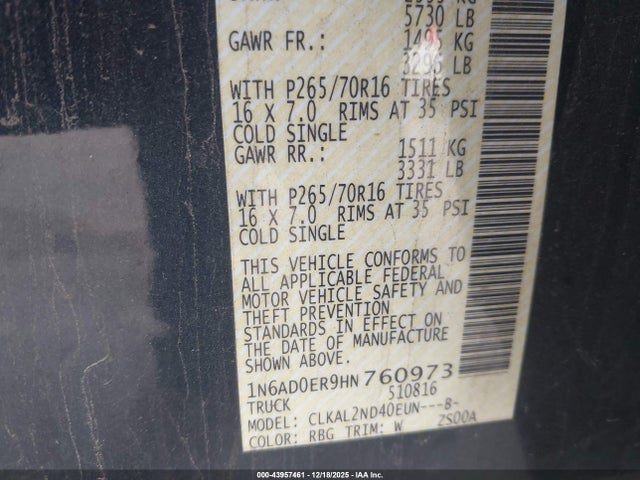 1N6AD0ER9HN760973 Nissan Frontier Sv
