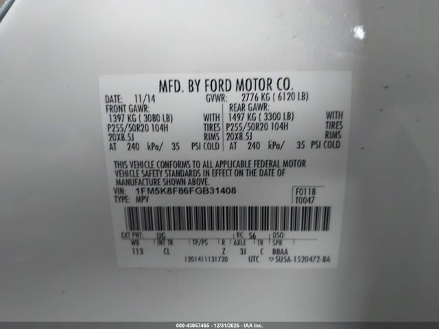 1FM5K8F86FGB31408 Ford Explorer Limited