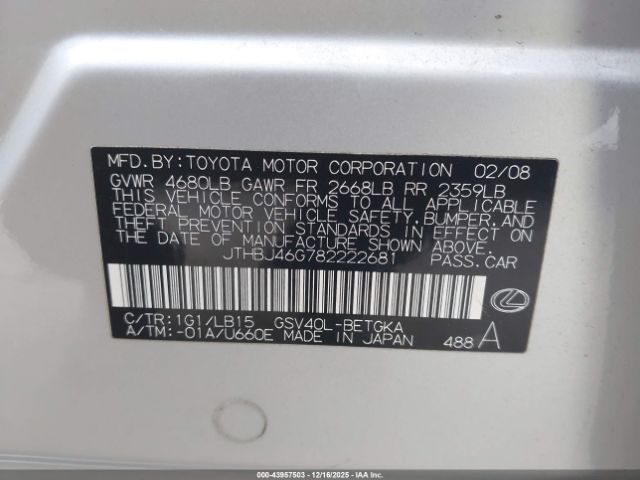2008 LEXUS ES 350 JTHBJ46G782222681 Photo 8