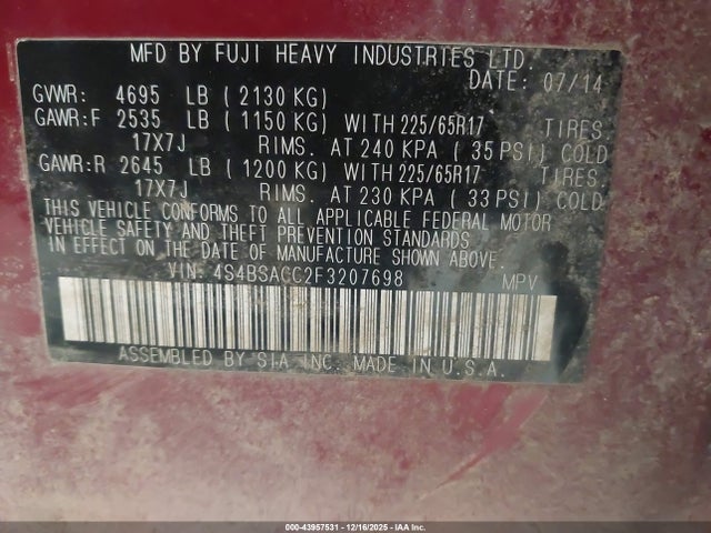 Subaru Outback 2.5i Premium 2015 4S4BSACC2F3207698 Image 9
