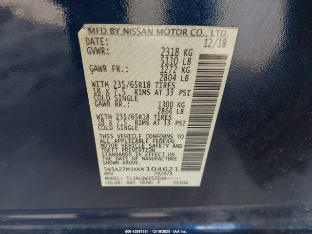 5N1AZ2MJXKN104621 Nissan MURANO SV