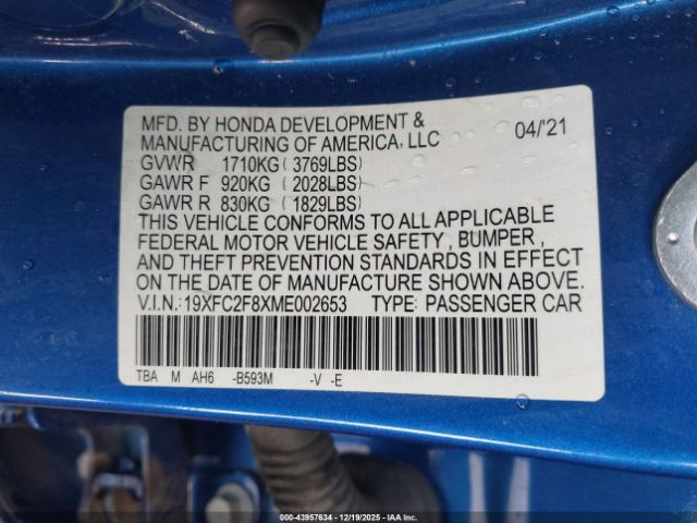 2021 HONDA CIVIC 19XFC2F8XME002653 Photo 8