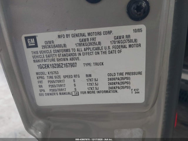 Продажа на аукционе авто 2006 Chevrolet Silverado 1500 Lt1, vin: 1GCEK19Z06Z167907, номер лота: 43957670