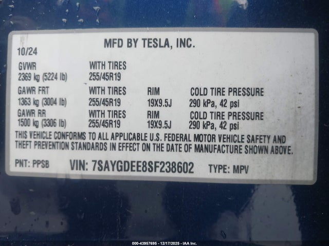 7SAYGDEE8SF238602 Tesla Model Y Long Range Dual Motor All-wheel Drive
